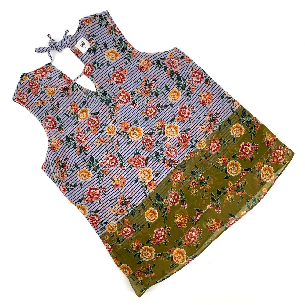 Cabi Penelope Top # 5354, Floral & Striped Print Sleeveless Layered Top, Small